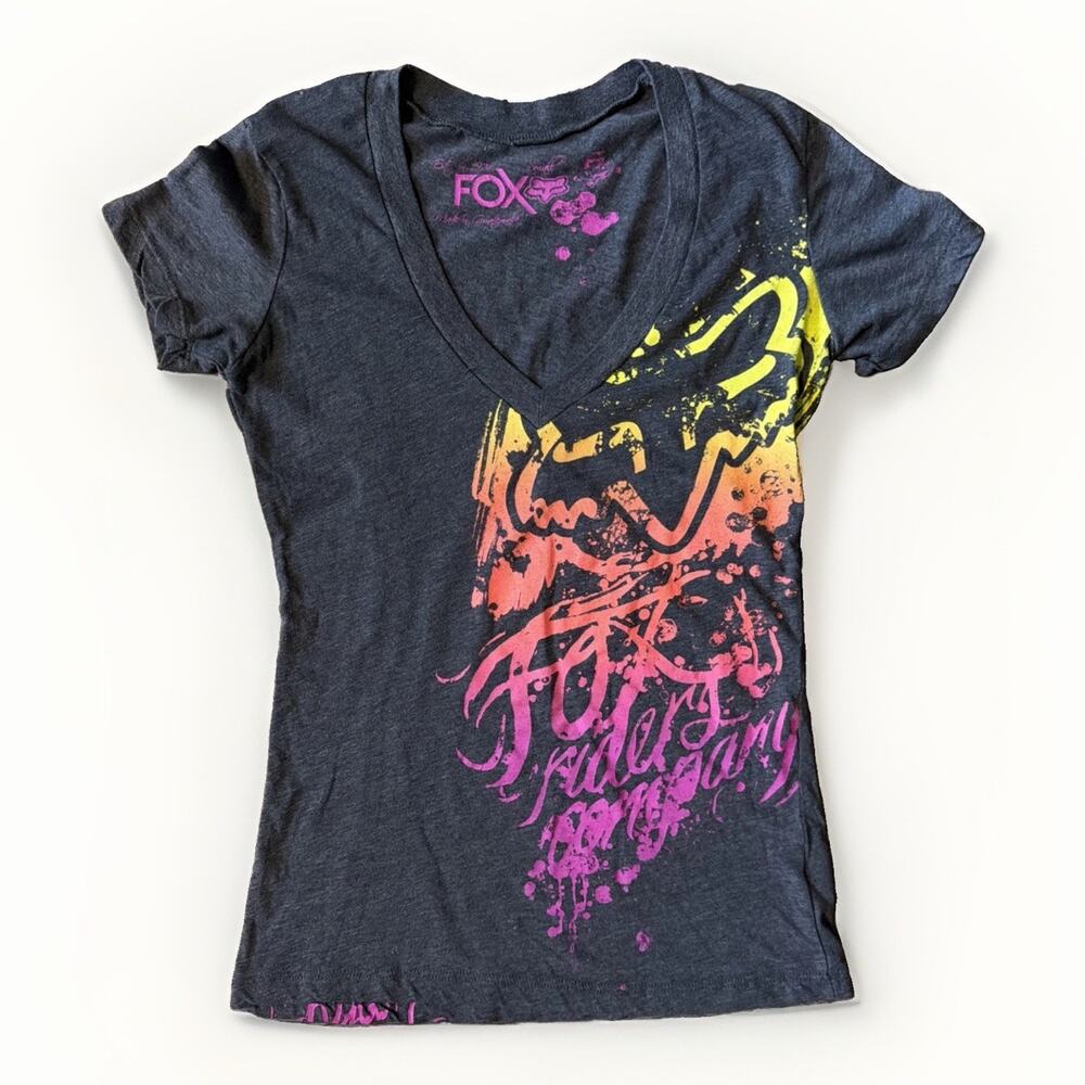 Y2K 2000s Fox Racing Sz S Neon Graphic V Neck Tee Moto Grunge Streetwear Fitted
